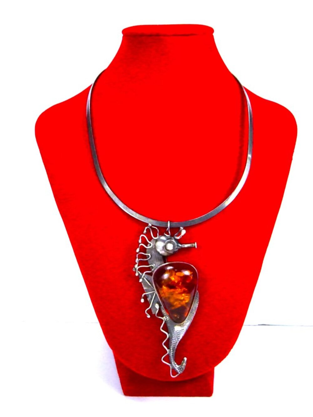 Rare Seahorse Baltic  Amber Sterling  Silver Pendant-Brooch Necklace